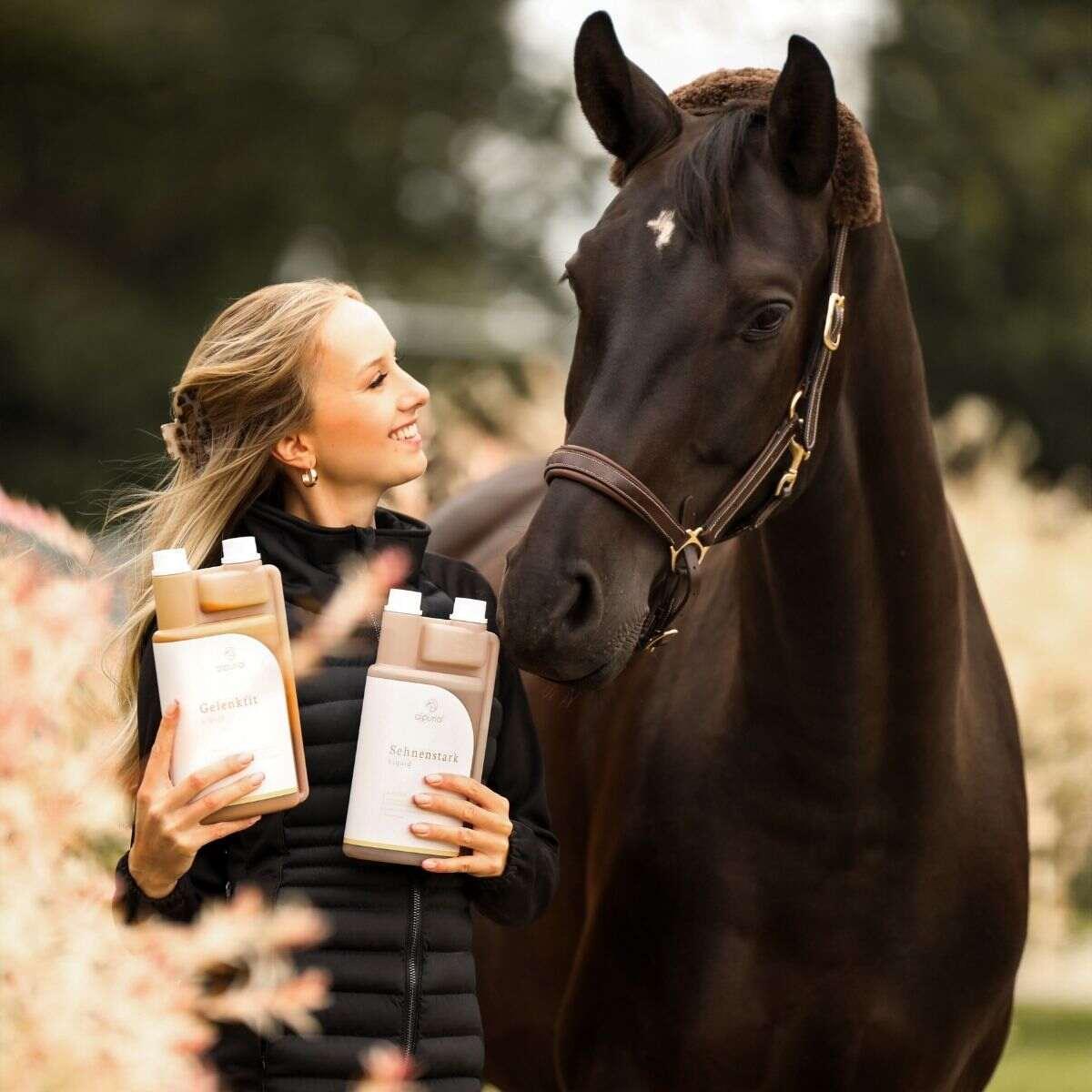 Bewegungsbundle flüssiges Pferdefutter zur Unterstützung Bewegungsapparat Anwendung am Pferd Alpurial