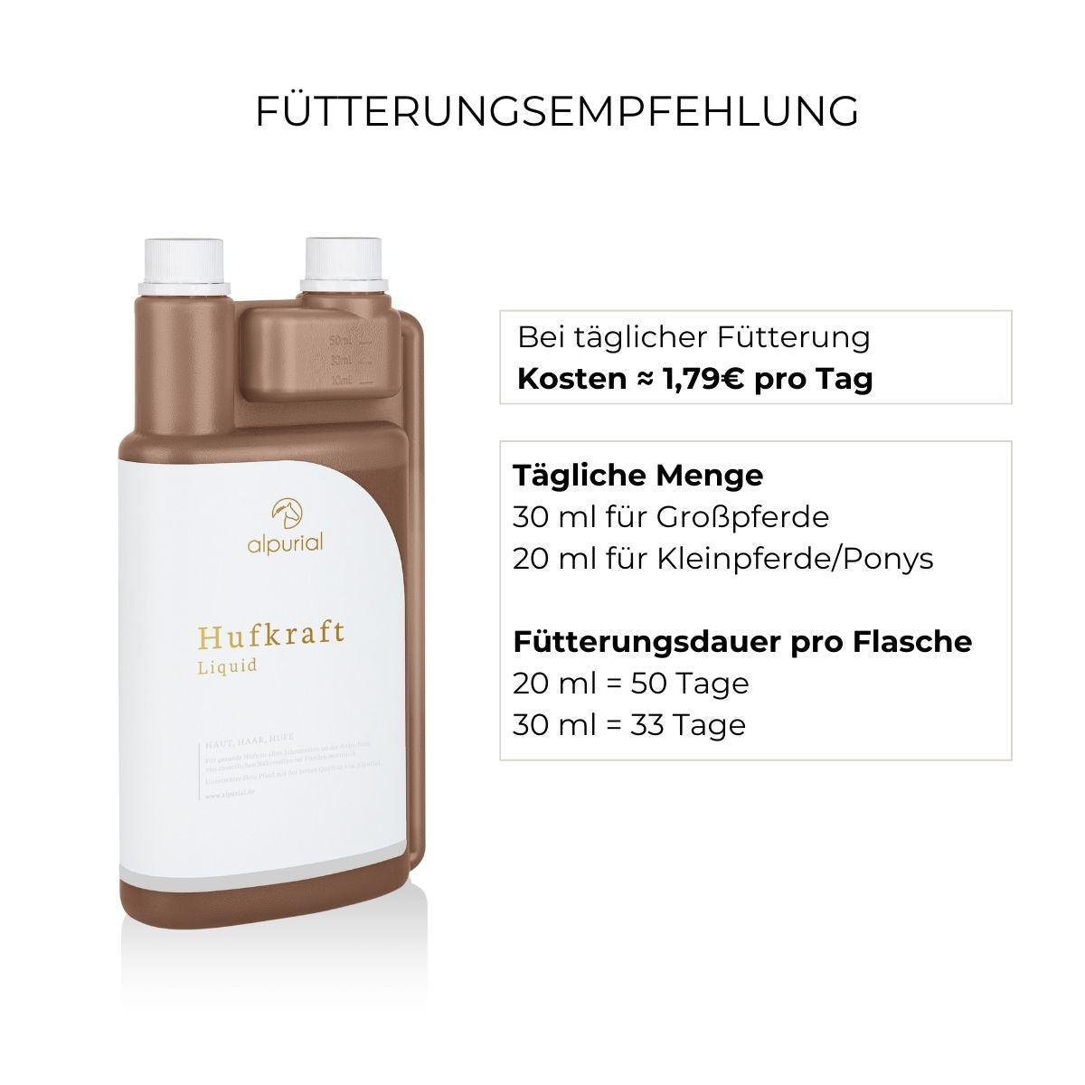 Fütterungsempfehlung Hufkraft Alpurial: tägliche Menge bis zu 30ml und Fütterungsdauer bis zu 50 Tage.