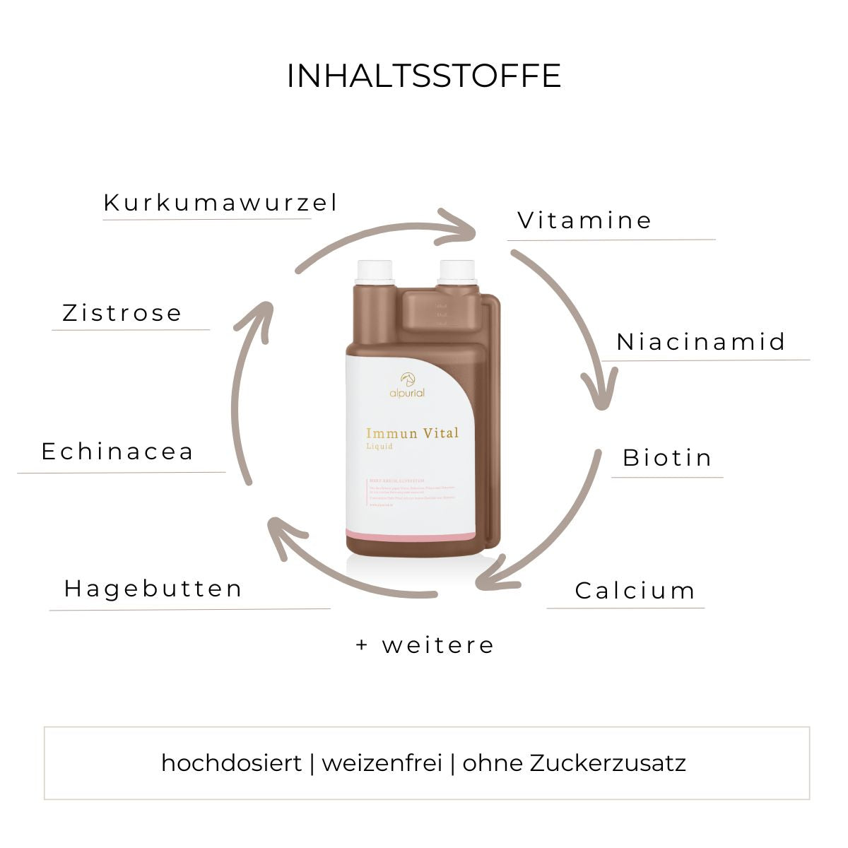 Immun Vital flüssiges Zusatzfutter Inhaltsstoffe wie Kurkumawurzel, Zistrose, Hagebutten und mehr.