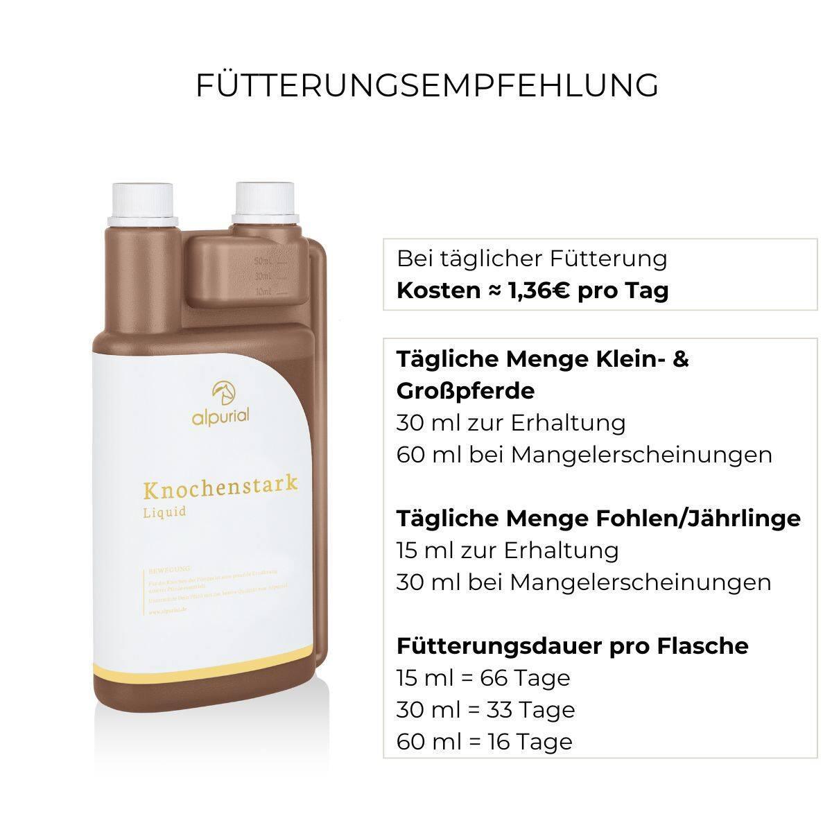 Fütterungsempfehlung Knochenstark Alpurial: tägliche Menge bis zu 60ml und Fütterungsdauer bis zu 66 Tage.
