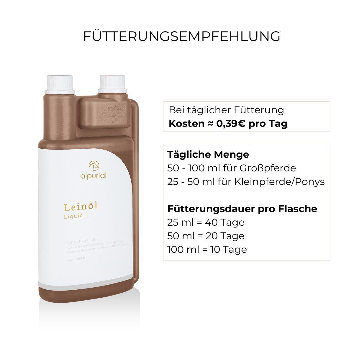 Fütterungsempfehlung Leinöl Alpurial: tägliche Menge bis zu 100ml und Fütterungsdauer bis zu 40 Tage.