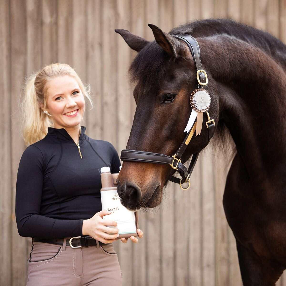 Leinöl flüssiges Pferdefutter zur Unterstützung Energie Anwendung am Pferd Alpurial