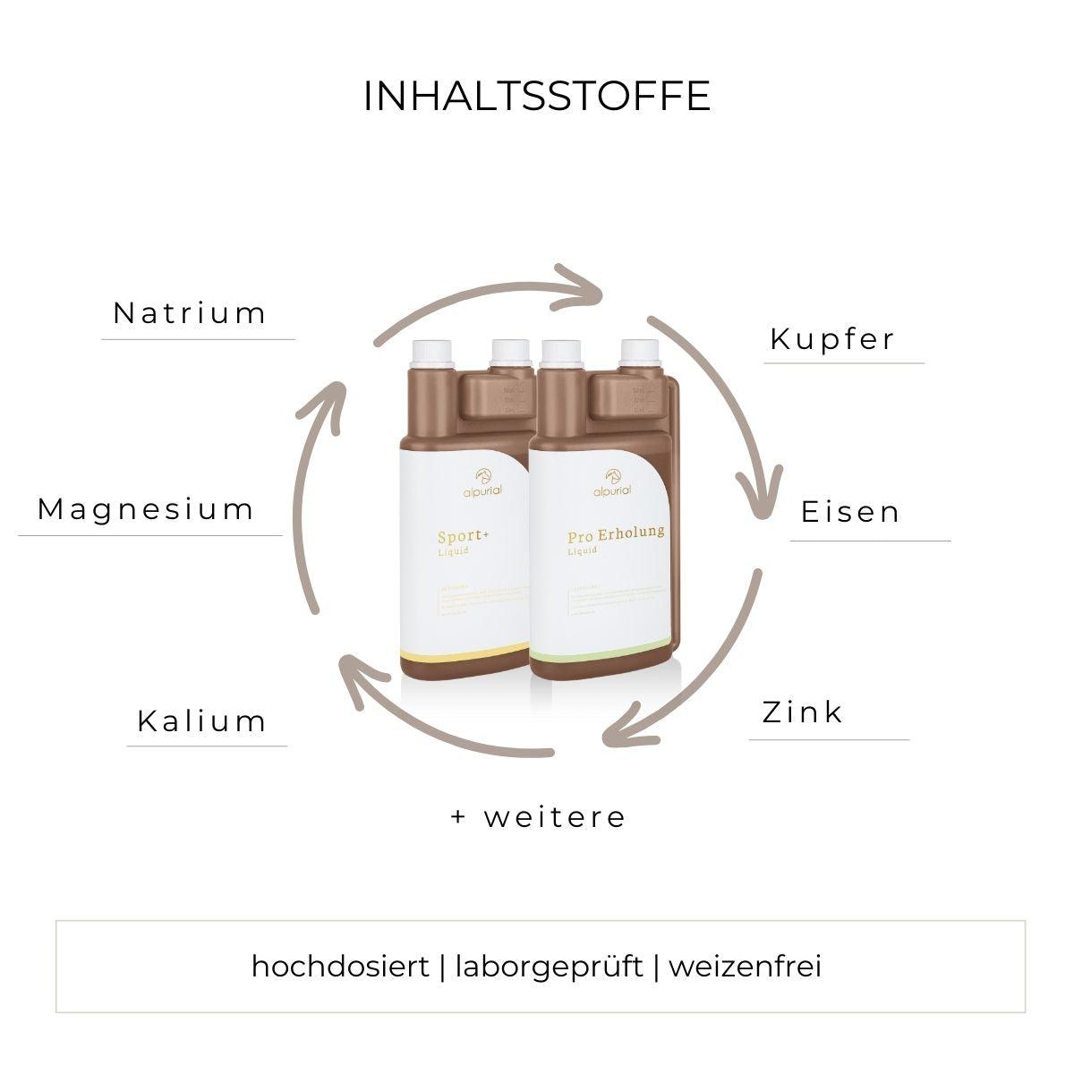Leistungsbundle flüssiges Zusatzfutter Inhaltsstoffe wie Vitamin E, Magnesium, Zink, Eisen und mehr.