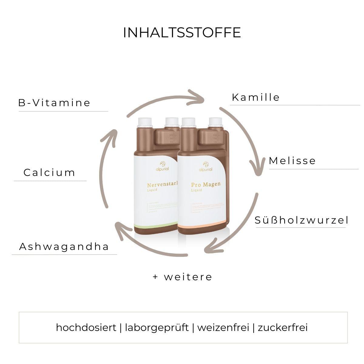 Magenruhe Bundle flüssiges Zusatzfutter Inhaltsstoffe wie B-Vitamine, Calcium, Ashwagandha, Kamille, Süßholzwurzel und mehr.