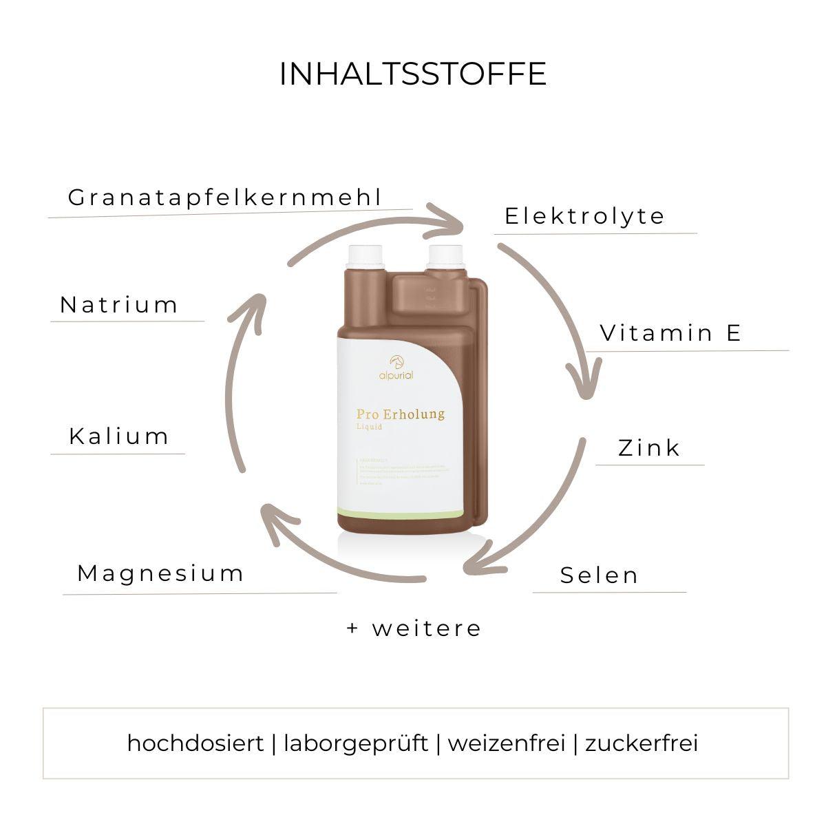Pro Erholung flüssiges Zusatzfutter Inhaltsstoffe wie Granatapfelkernmehl, Vitamin E, Zink und mehr.