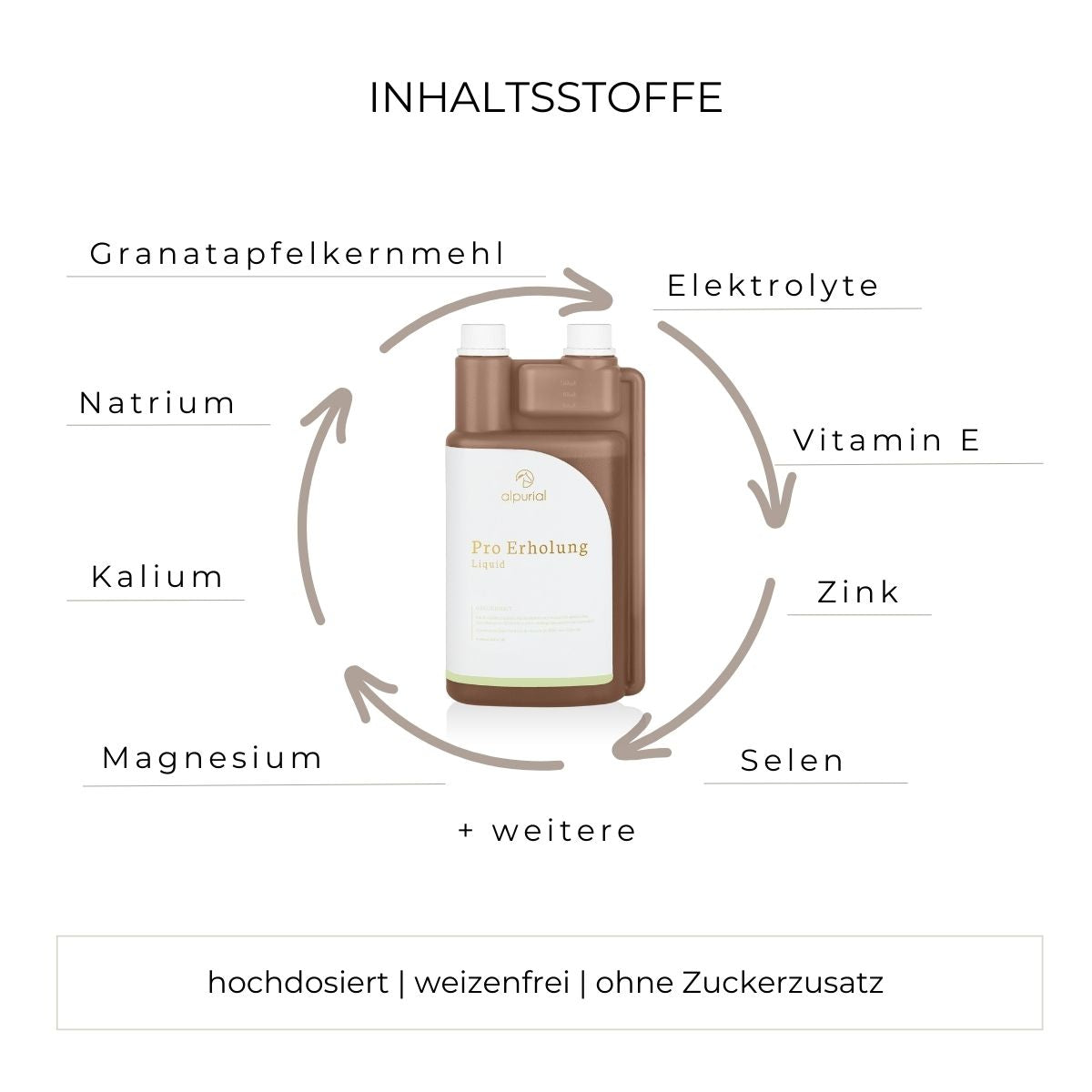 Pro Erholung flüssiges Zusatzfutter Inhaltsstoffe wie Granatapfelkernmehl, Vitamin E, Zink und mehr.