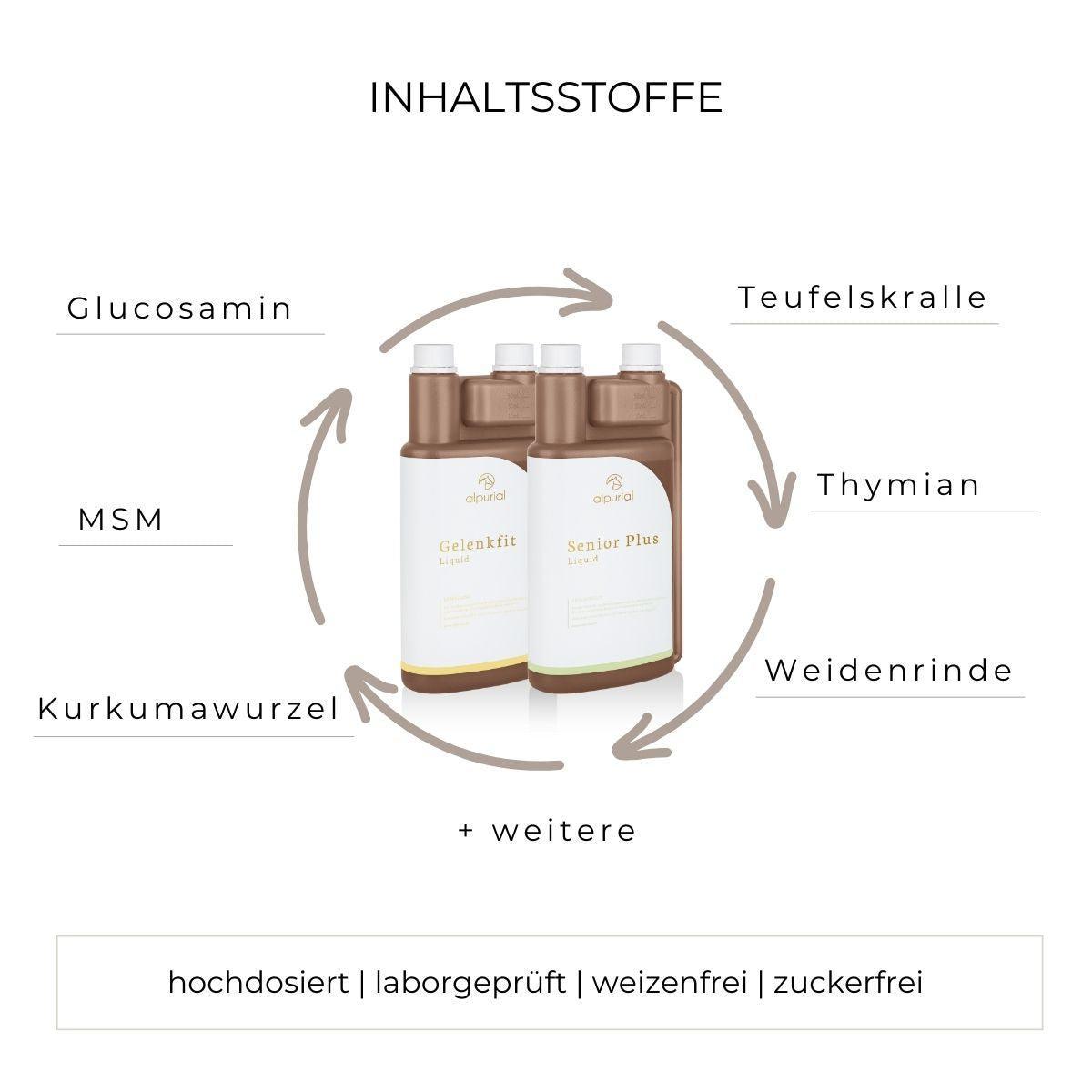 Senior Bundle flüssiges Zusatzfutter Inhaltsstoffe wie Teufelskralle, MSM, Hyaluron und mehr.