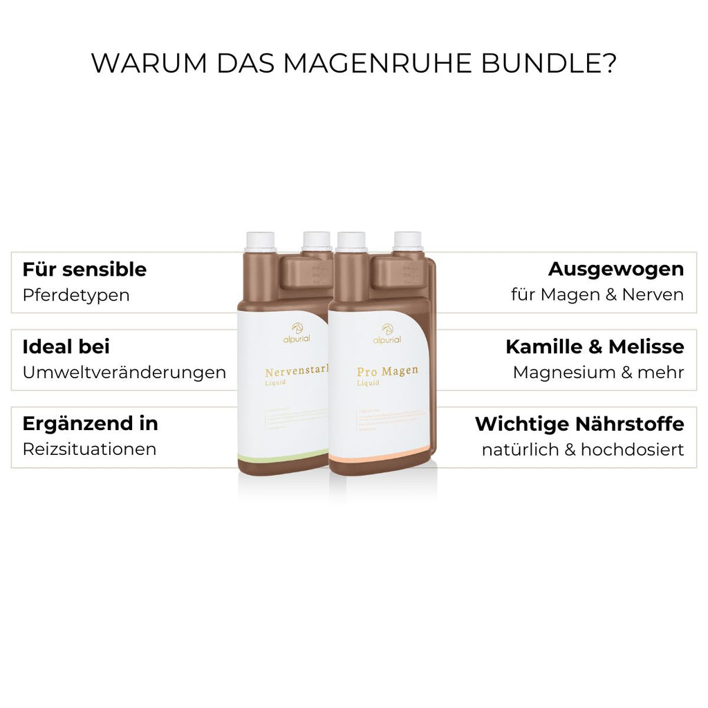 Magenruhe Bundle Vorteile:
Verdauungsprobleme, magenempfindliche Pferde, Belastung, Stress