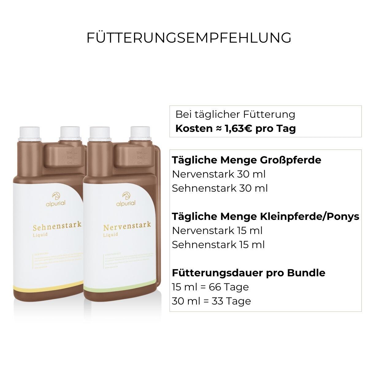 Fütterungsempfehlung Auszeit Bundle Alpurial: tägliche Menge jeweils bis zu 30ml und Fütterungsdauer bis zu 66 Tage.