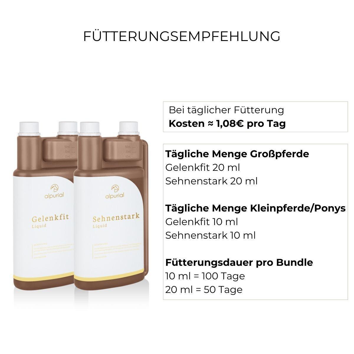 Fütterungsempfehlung Bewegungsbundle Alpurial: tägliche Menge jeweils bis zu 20ml und Fütterungsdauer bis zu 100 Tage.