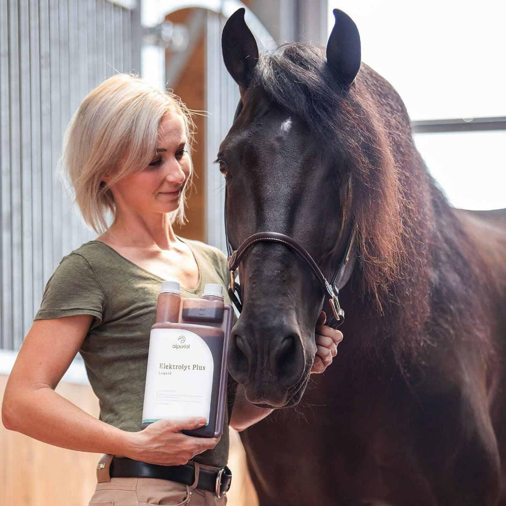 Elektrolyt Plus flüssiges Pferdefutter zur Elektrolytunterstützung Anwendung am Pferd Alpurial