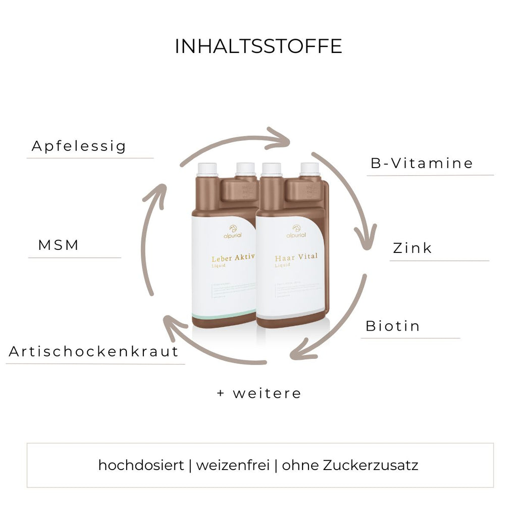 Fellwechsel Bundle flüssiges Zusatzfutter Inhaltsstoffe wie MSM, Vitamin B12, Biotin, Zink und mehr.