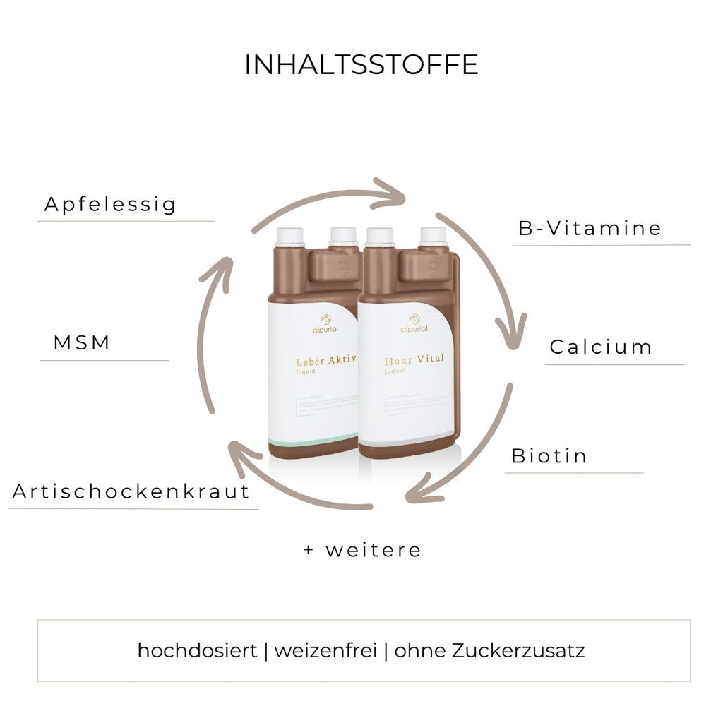 Fellwechsel Bundle flüssiges Zusatzfutter Inhaltsstoffe wie MSM, Vitamin B12, Biotin, Calcium und mehr.