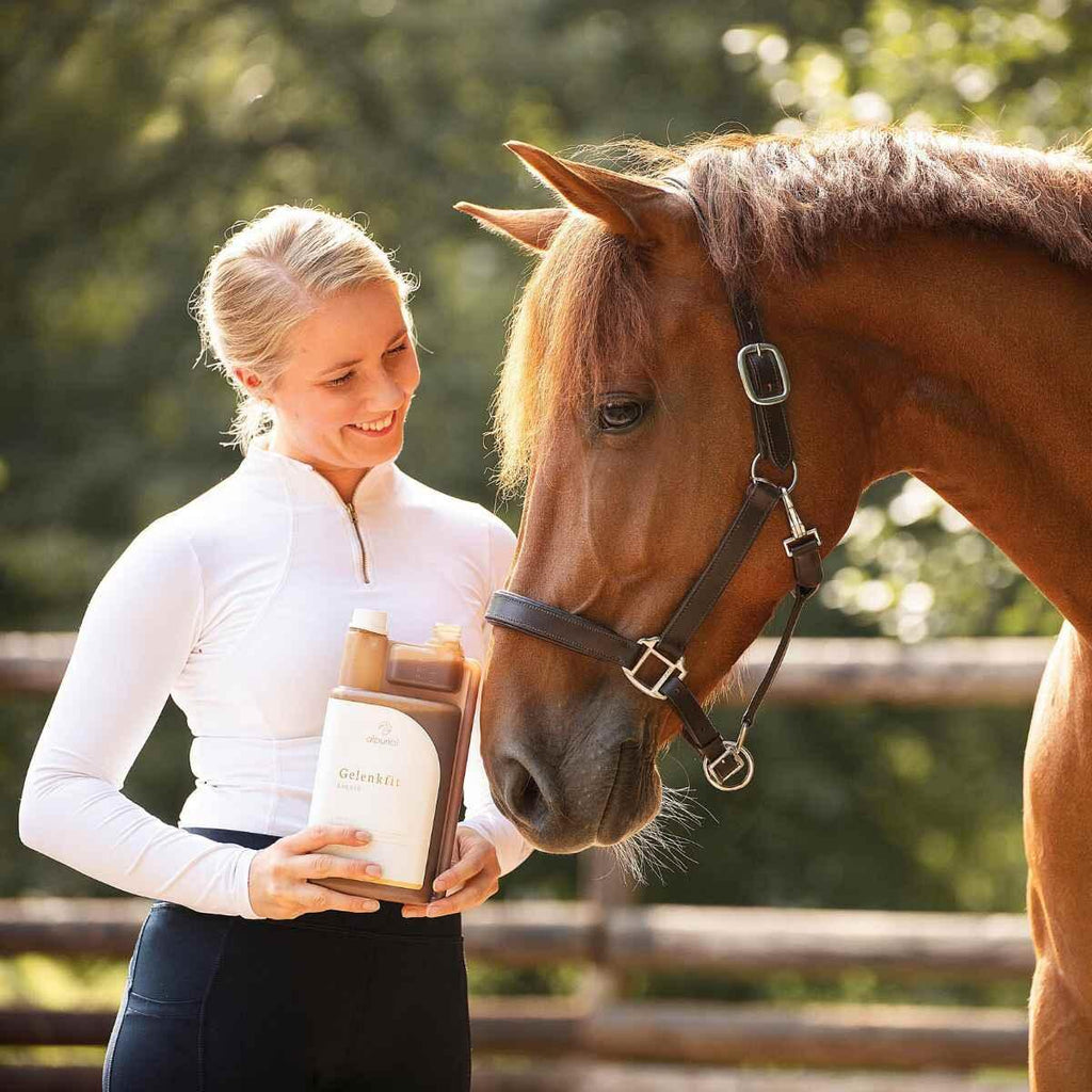 Gelenkfit flüssiges Pferdefutter zur Gelenkunterstützung Anwendung am Pferd Alpurial