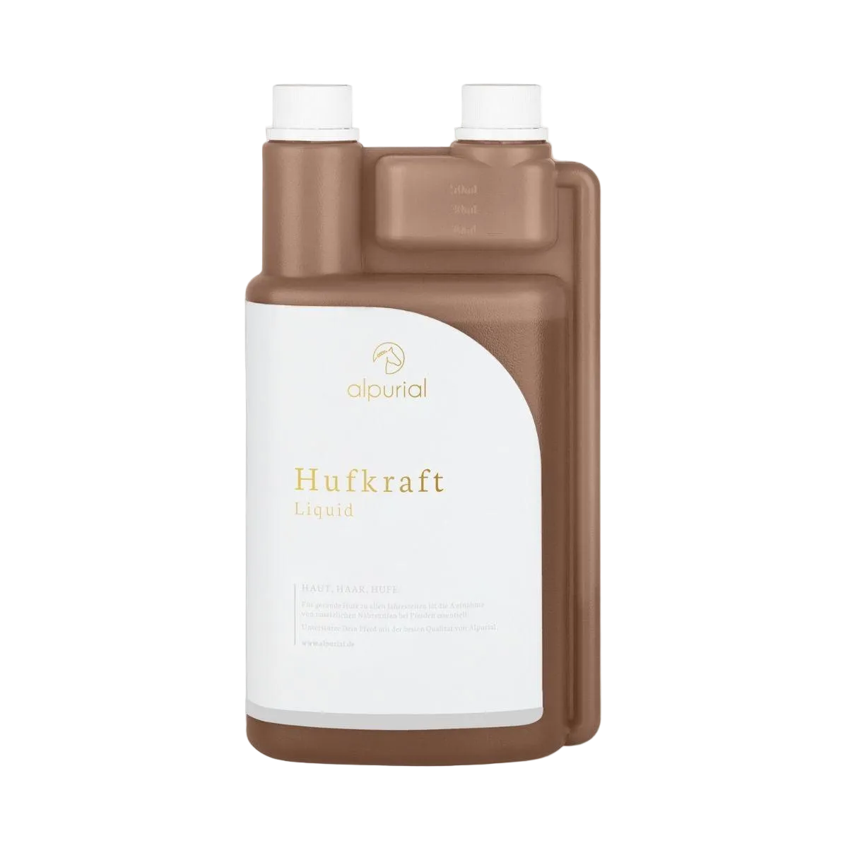 Alpurial Pferdezusatzfutter Hufkraft für das Huf- & Hornwachstum und bei schlechter Hufqualität. Dosierflasche in braun von vorne. 