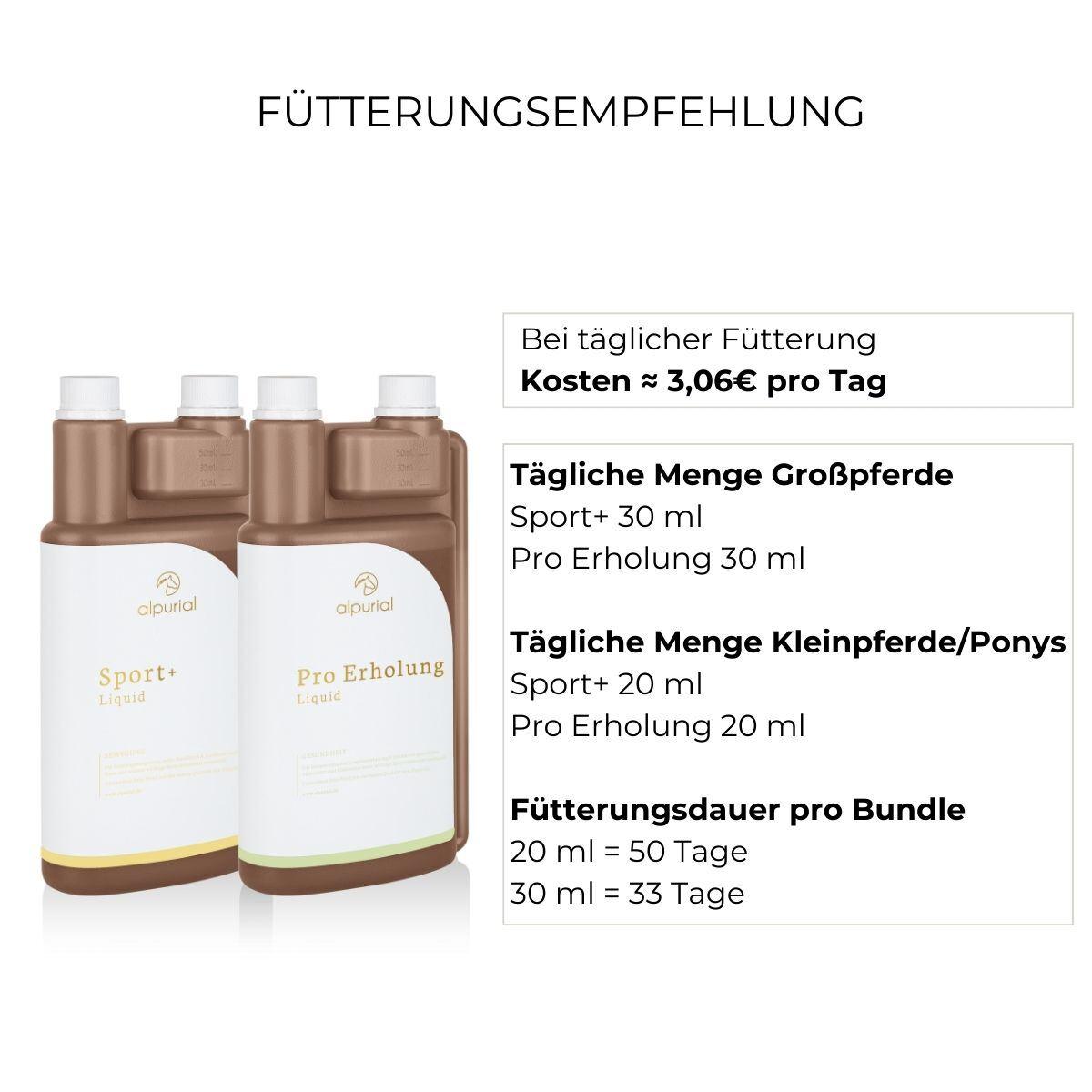 Fütterungsempfehlung Leistungsbundle Alpurial: tägliche Menge jeweils bis zu 30ml und Fütterungsdauer bis zu 50 Tage.