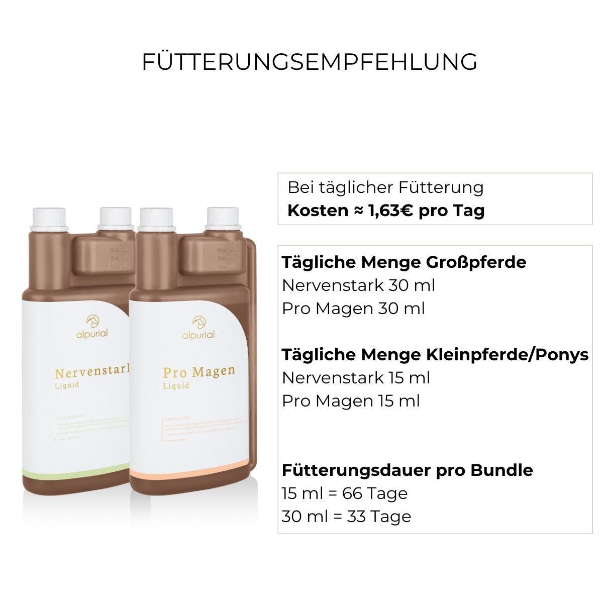 Fütterungsempfehlung Magenruhe Bundle Alpurial: tägliche Menge jeweils bis zu 30ml und Fütterungsdauer bis zu 66 Tage.