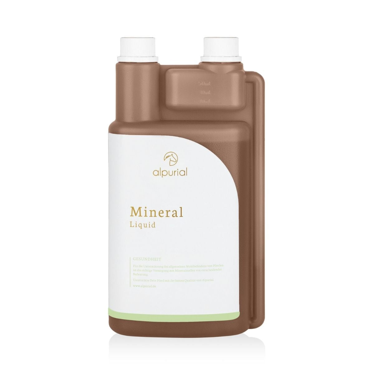 Alpurial Pferdezusatzfutter Mineral Liquid zur Grundversorgung und Mineralisierung des Pferdes. Dosierflasche in braun von vorne. 