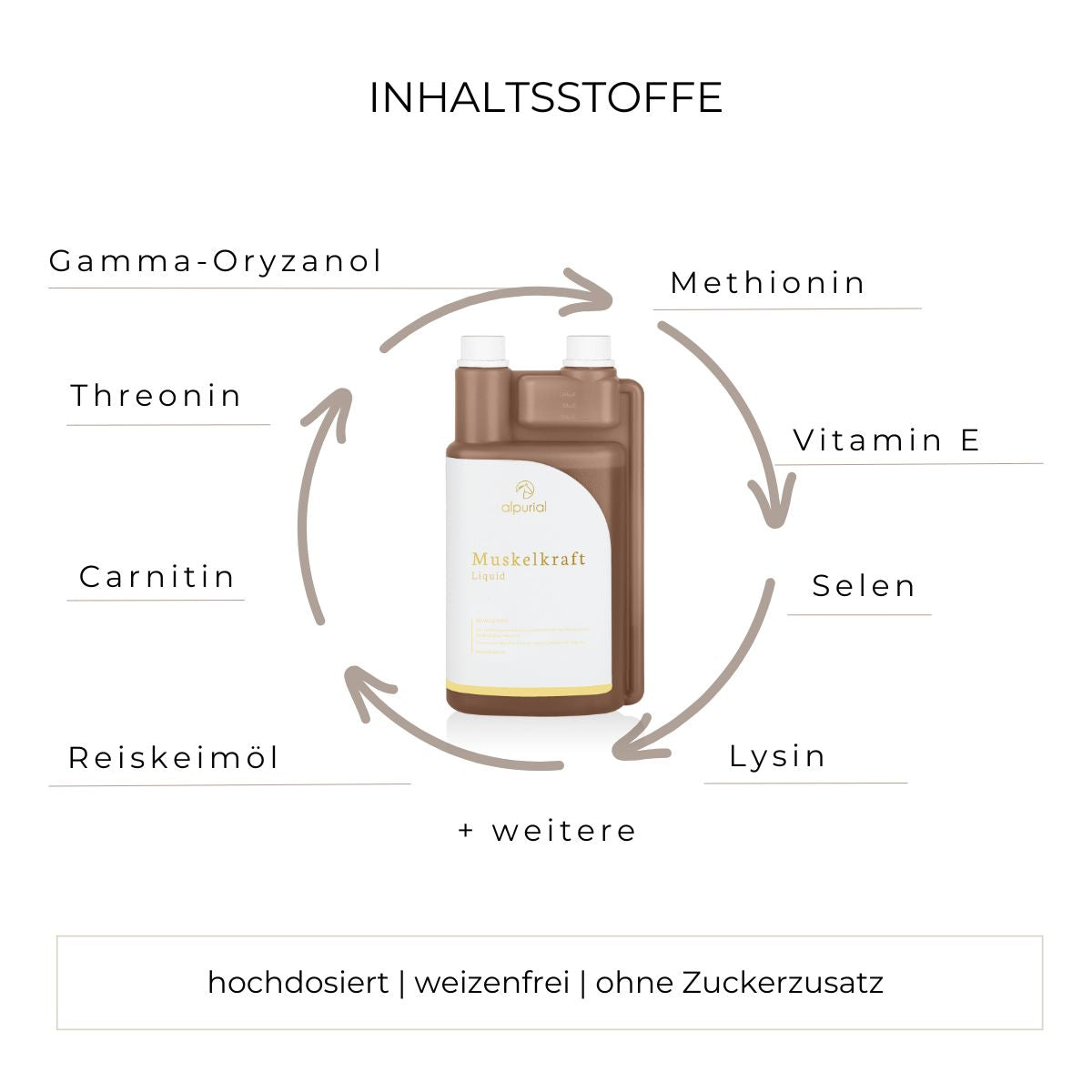 Muskelkraft flüssiges Zusatzfutter Inhaltsstoffe wie Gamma-Oryzanol, Selen, Vitamin E und mehr.