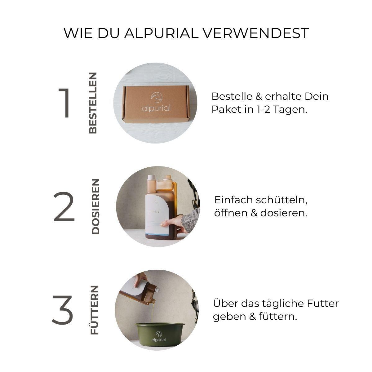 Vorteile von Alpurial Zusatzfutter, natürliche Inhaltsstoffe, zuckerfreies und getreidefreies Zusatzfutter, flüssiges Zusatzfutter