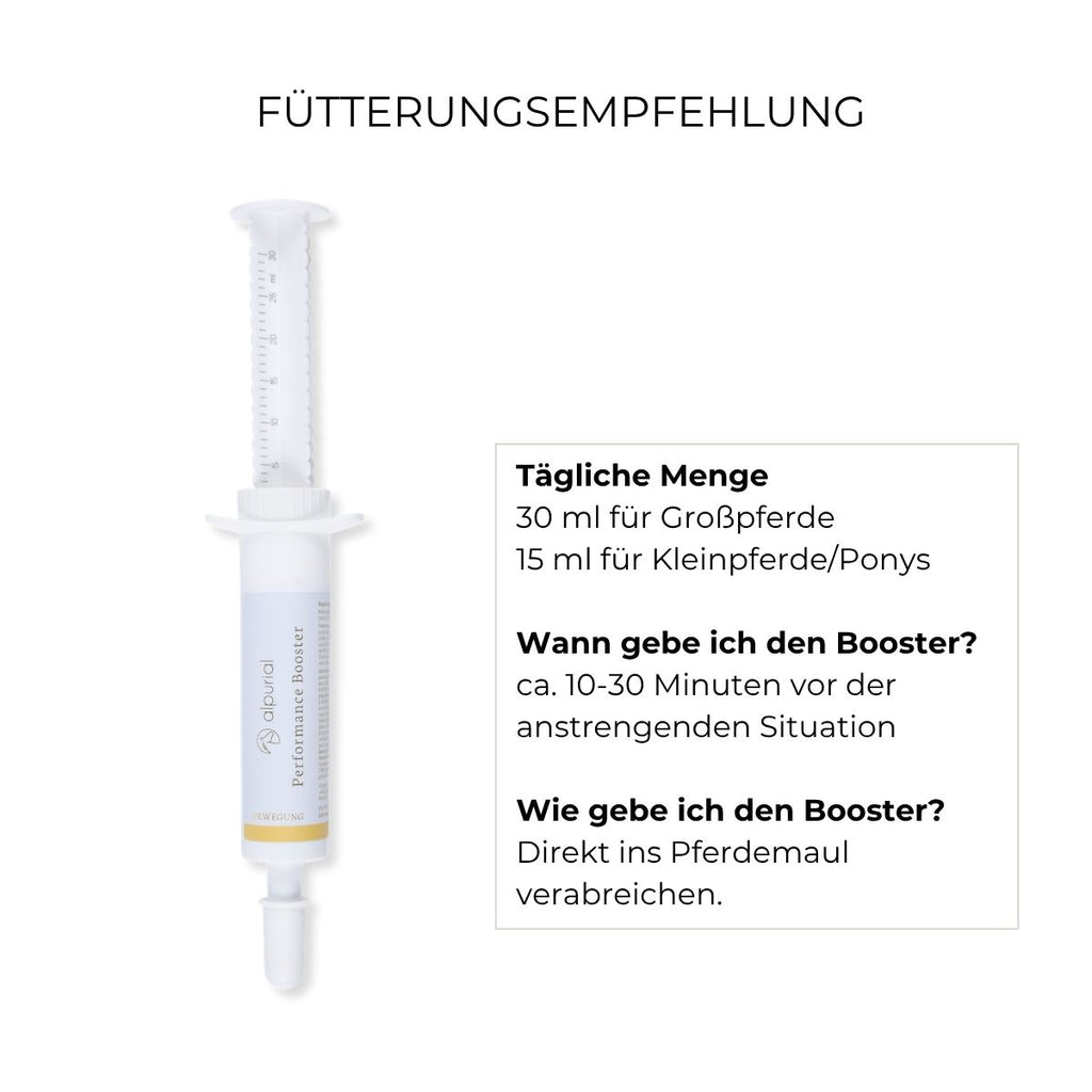 Fütterungsempfehlung Performance Booster Alpurial: tägliche Menge bis zu 30 ml.