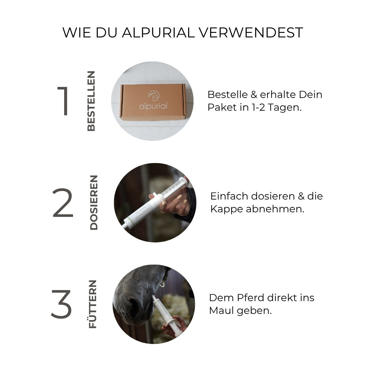 Vorteile von Alpurial, bestellen und erhalten, aufziehen und direkt ins Maul geben. 