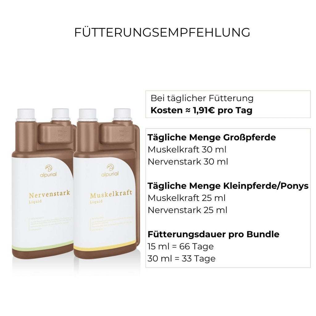 Fütterungsempfehlung PSSM Bundle Alpurial: tägliche Menge bis zu 30ml und Fütterungsdauer bis zu 66 Tage.