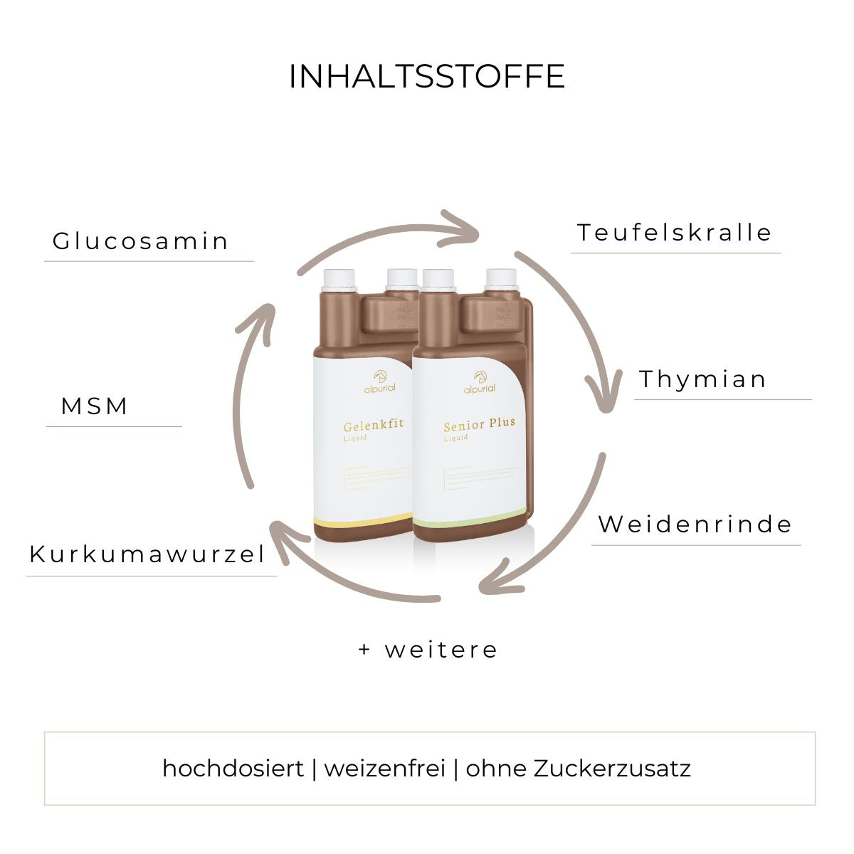 Senior Bundle flüssiges Zusatzfutter Inhaltsstoffe wie Teufelskralle, MSM, Hyaluron und mehr.