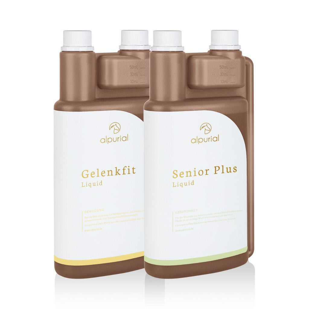 Alpurial Pferdezusatzfutter Senior Bundle für Wohlbefinden von alten Pferden mit Fokus auf die Gelenke.