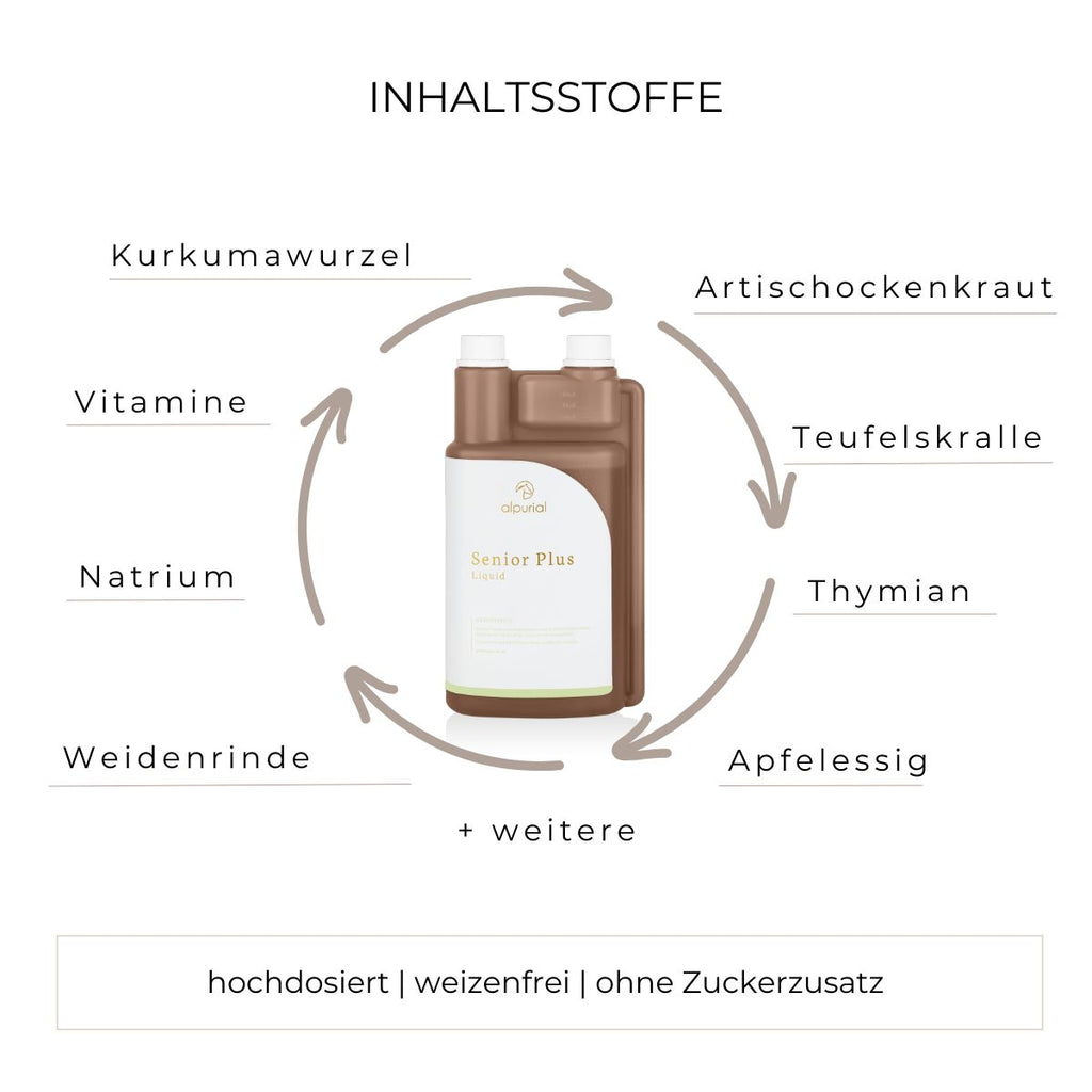 Senior Plus flüssiges Zusatzfutter Inhaltsstoffe wie Kurkumawurzel, Teufelskralle, Weidenrinde und mehr.