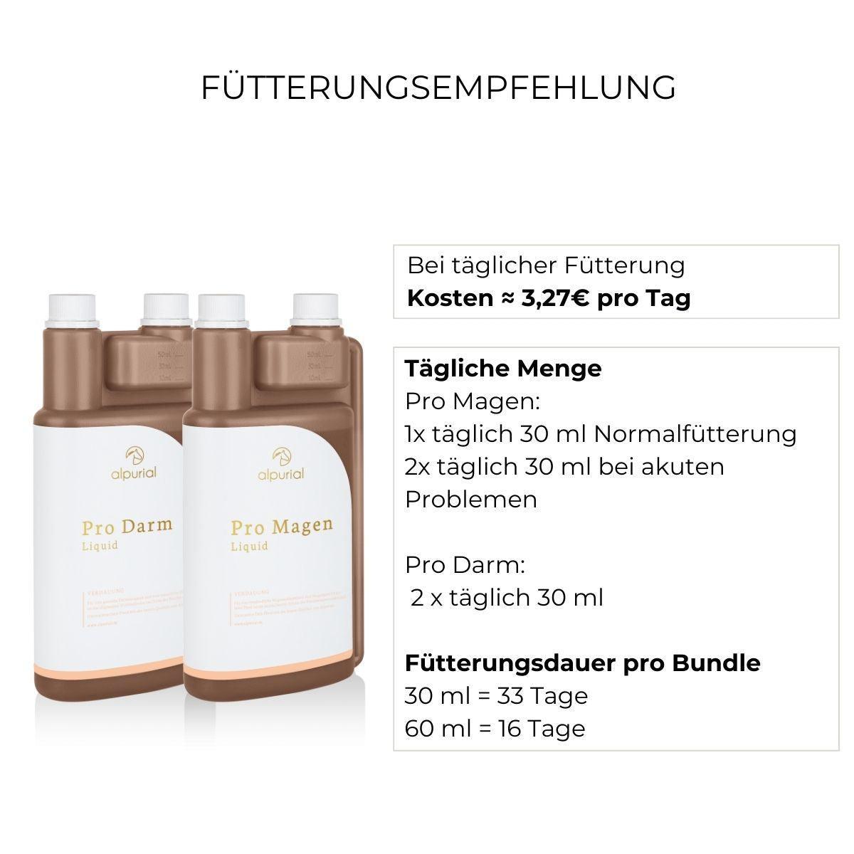 Fütterungsempfehlung Verdauungsbundle Alpurial: tägliche Menge bis zu 30ml und Fütterungsdauer bis zu 33 Tage.